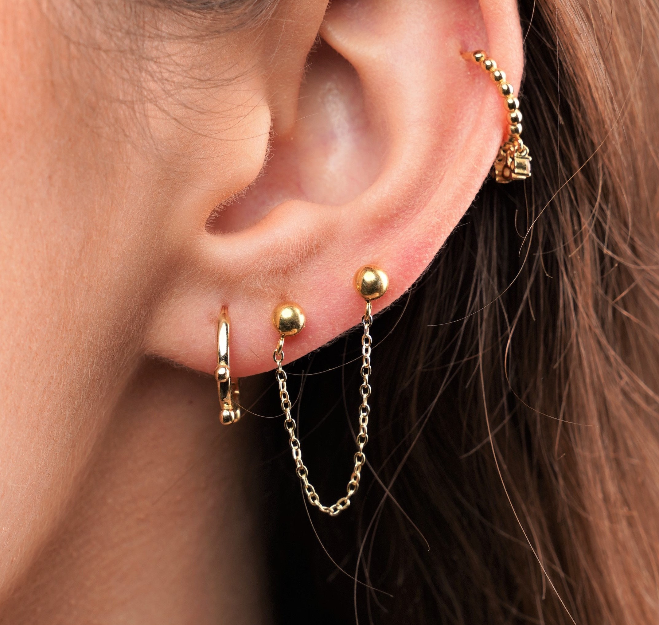 Double Chain Earring Two Stud Chain Earrings Double Piercing