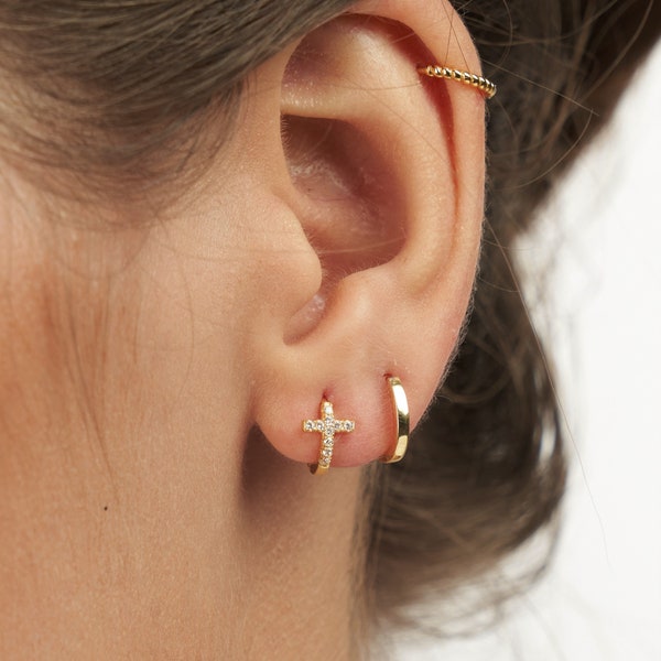 Cross earrings - Cross hoop earrings - Dainty hoops - gold earrings - tiny hoop earrings - small hoops