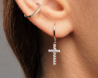 CROSS Earrings - Gold Cross Earrings - Gold Hoop Earrings - Silver Hoop Earrings - Dainty Hoop Earrings -  Cross Earrings