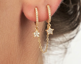 Star hoops - chain connected hoop earrings - star hoop earrings - chain earrings double piercing