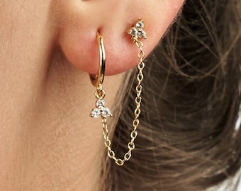 double piercing earrings - chain hoop earrings - Three dot earrings - chain gold earrings -  dangle drop earrings nickle free chain