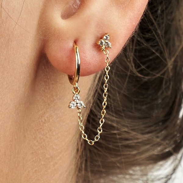 double piercing earrings - chain hoop earrings - Three dot earrings - chain gold earrings -  dangle drop earrings nickle free chain