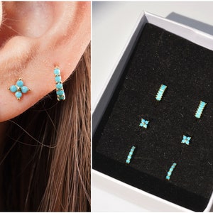 gold turquoise earrings | huggie hoop earrings | hoop baguette earring | cartilage earrings | gift set earrings