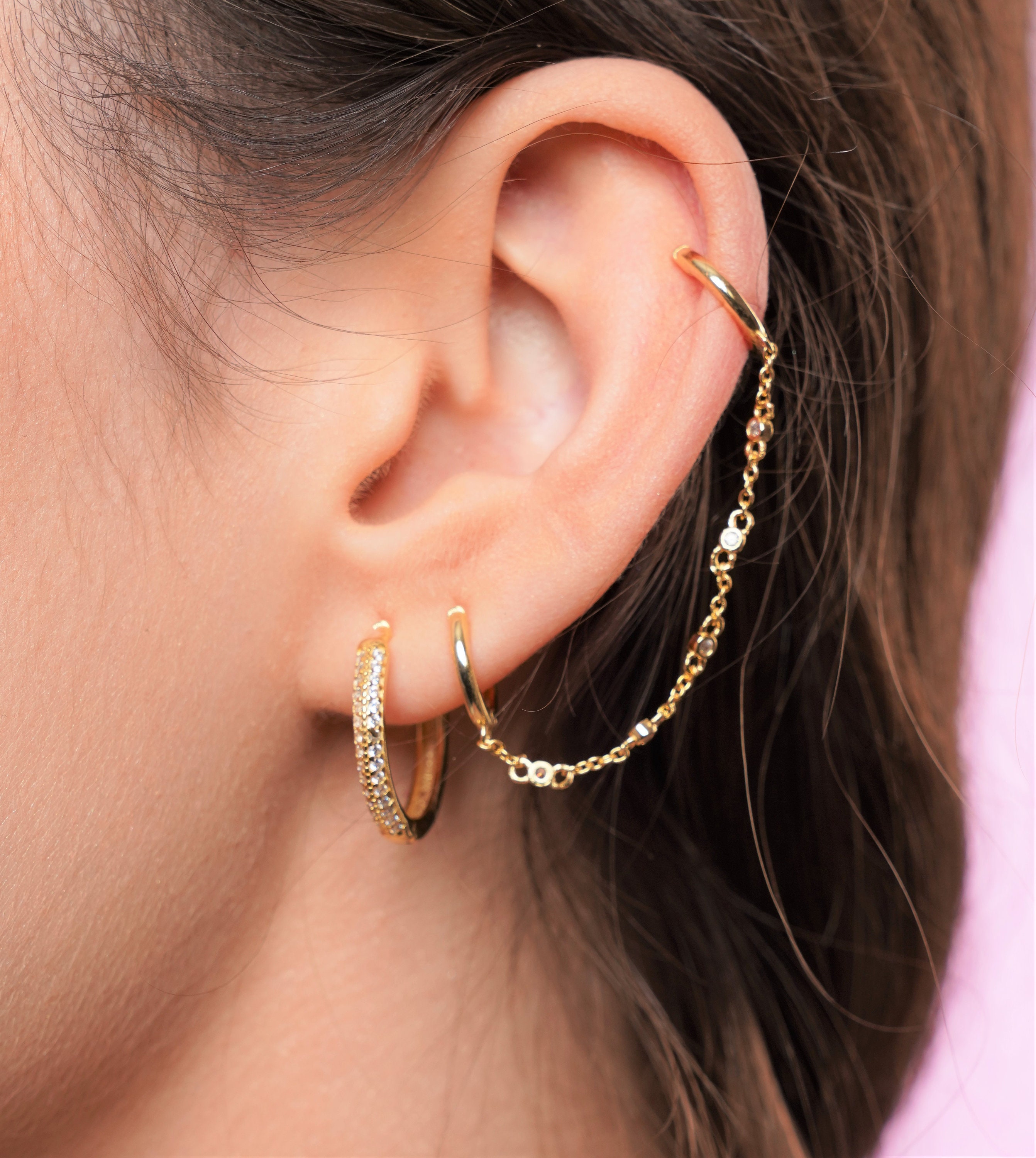 Amazon.com: Dainty 14k Gold Plated Chain Earrings Double Piercing Dangle Chain  Huggie Hoop Earrings Cubic Zirconia Stud Earrings for Women Girls Teen  Hypoallergenic: Clothing, Shoes & Jewelry