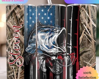 Personalized Camo Bass Fishing Tumbler, Fishing Tumbler, Camo American Flag, Camo Fishing Cup, Fisherman Gift, Dad Gift