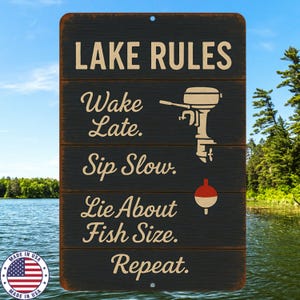 Lake Rules Decorative Metal Sign – 8x12 Rustic UV Resistant Sublimated Wall Decor – Funny Fishing Cabin Lake House Gift