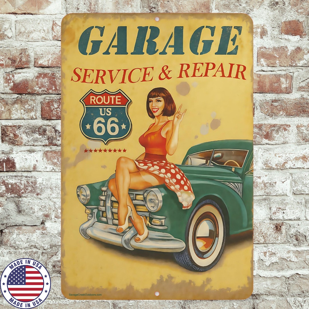 Route 66 Garage Metal Sign | Vintage Pin up Auto Shop Wall Art | 8x12 ...