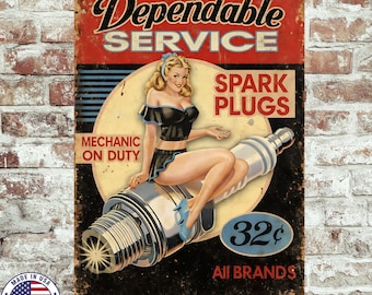 Vintage Spark Plugs Metal Sign | Retro Pin Up Garage Sign | 8x12 Aluminum Auto Shop Wall Art | Mechanic Man Cave Decor