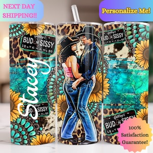 May include: A personalized stainless steel tumbler with a turquoise and leopard print design. The tumbler features a couple dancing, sunflowers, and turquoise stones. The text "Gilley's Bud 'n Sissy 19-Texas-80" is printed on the tumbler. The name "Stacey" is also printed on the tumbler.
