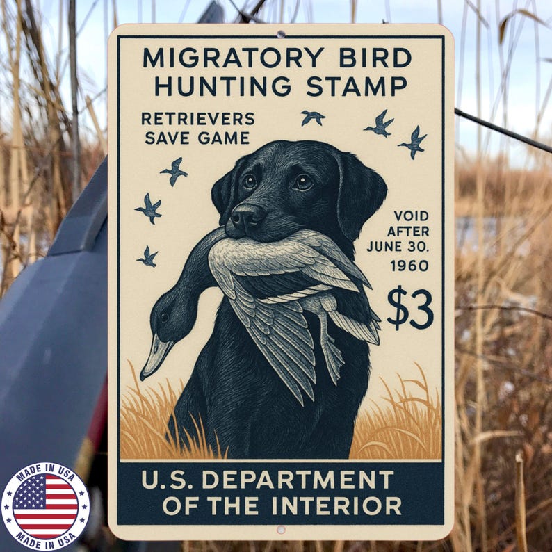 Op de afbeelding: Een rechthoekig metalen bord met een zwarte Labrador retriever die een eend vasthoudt. Het bord toont de tekst "MIGRATORY BIRD HUNTING STAMP" en "U.S. DEPARTMENT OF THE INTERIOR". Het bevat ook "RETRIEVERS SAVE GAME" en "VOID AFTER JUNE 30. 1960. $3."