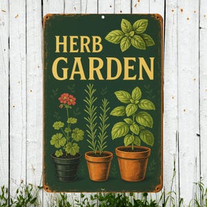 May include: A distressed metal sign displaying "HERB GARDEN" in gold lettering. The sign shows illustrations of potted herbs, including basil, rosemary, and a flowering plant, against a dark green backdrop.