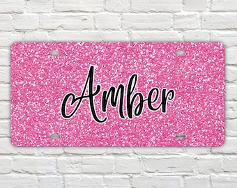 Personalized Faux Glitter Pink Front License Plate 6x12 - Custom Name Front Car Tag, UV Coated, Car Accessories For Woman, Car Decor