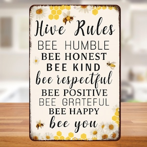 Hive Rules Bee Sign – 8x12 Metal Wall Decor for Beekeepers, Gardeners, or Country Home – Bee Kind Positive Grateful Rustic Farmhouse Decor