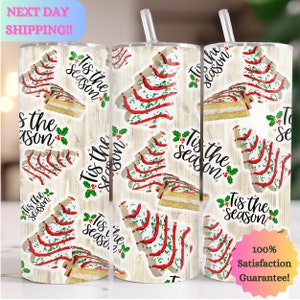 Christmas Tree Cake 20oz Skinny Tumbler – UV Sublimation, Spill Proof Lid & Straw, Holiday Drinkware, Festive Hot Cold Cup