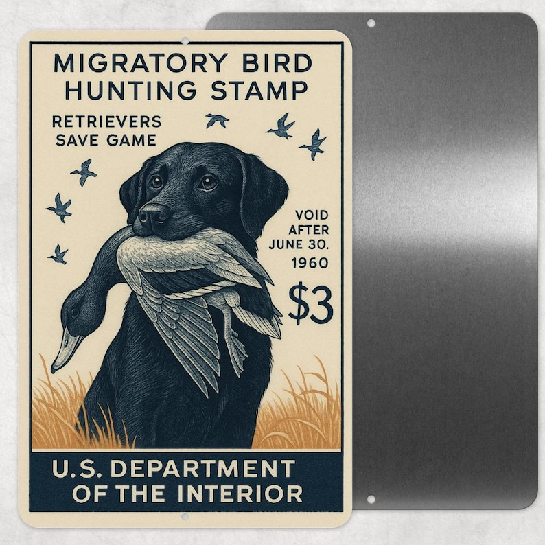 Op de afbeelding: Vintage metalen bord met een zwarte Labrador Retriever die een eend vasthoudt. Het bord leest "Migratory Bird Hunting Stamp" en "U.S. Department of the Interior". Het bord is cr&egrave;mekleurig met blauwe en zwarte tekst en illustraties.