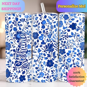 Personalized Blue Floral Vintage China Style 20oz Tumbler, Blue Floral Mug, Flower Gift, Girl Gift, Mom Gift, Vintage Blue Floral, Custom
