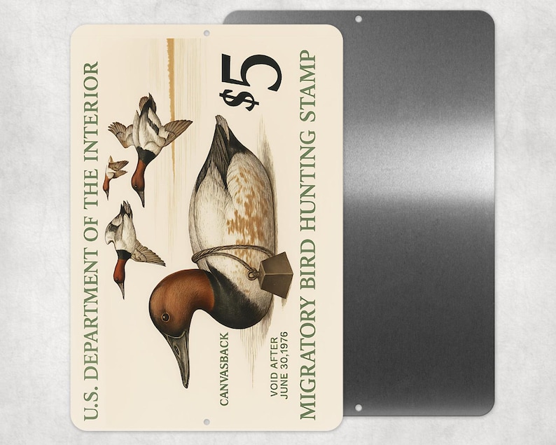 Może przedstawiać: Metalowy znak z ilustracją vintage kaczki Canvasback, będącej częścią programu znaczk&oacute;w łowieckich ptak&oacute;w wędrownych Departamentu Spraw Wewnętrznych USA. Znak zawiera tekst "$5" i "Void After June 30, 1976."