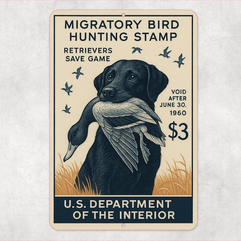 Op de afbeelding: Vintage metalen bord met een zwarte Labrador Retriever die een eend vasthoudt. Het bord toont de tekst "MIGRATORY BIRD HUNTING STAMP" en "U.S. DEPARTMENT OF THE INTERIOR." Bevat tekst: "VOID AFTER JUNE 30. 1960" en "$3."