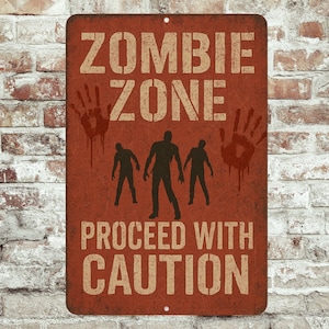 Zombie Zone Metal Sign – 8x12 Halloween Horror Decor, Proceed With Caution Sign for Haunted House or Yard, Porch Sign, Fall Decor