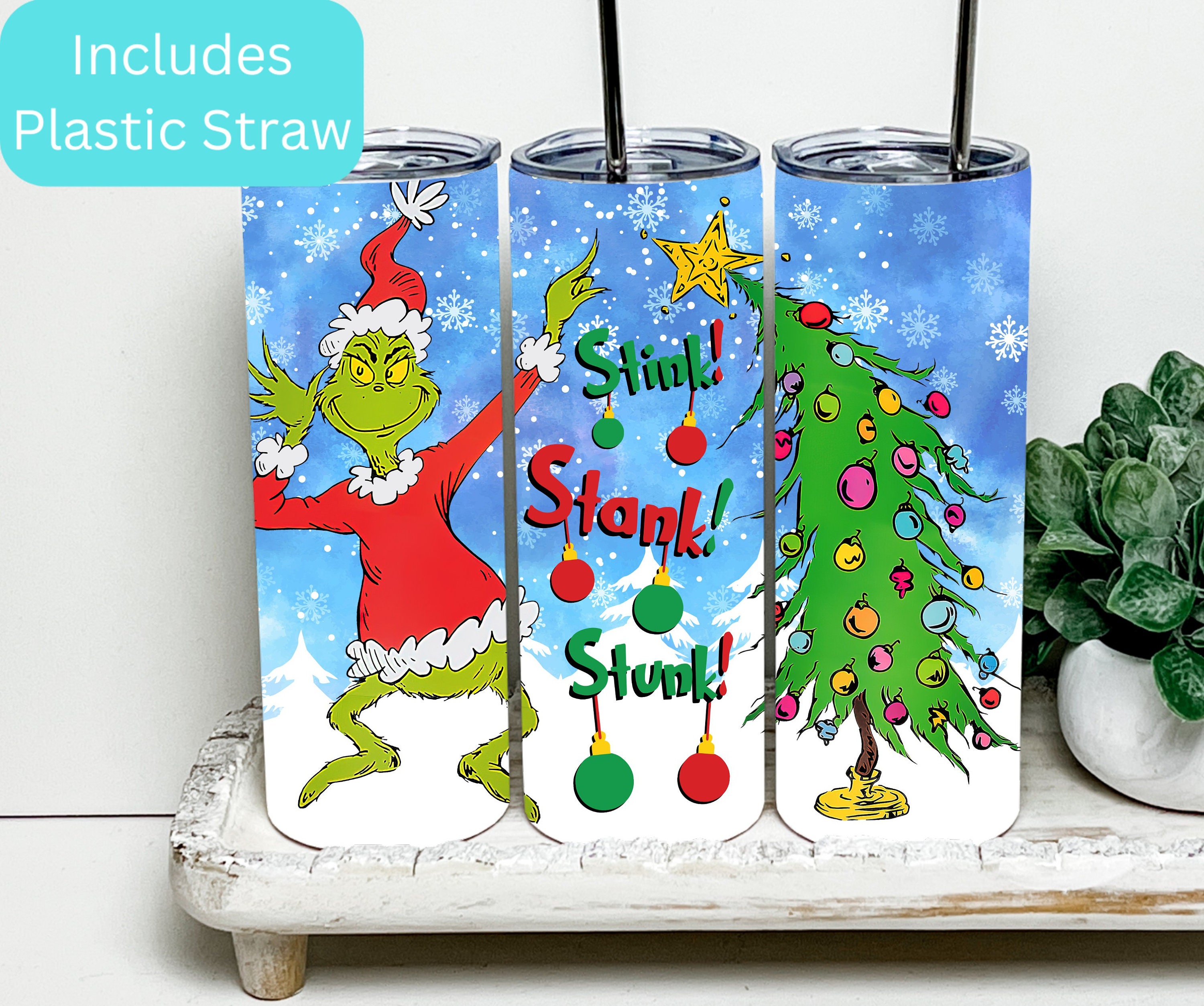 Custom Tumbler with Lid and Straw The Grinch Christmas Silver Tumbler  Handmade & Made to Order Mugs and Tumblers