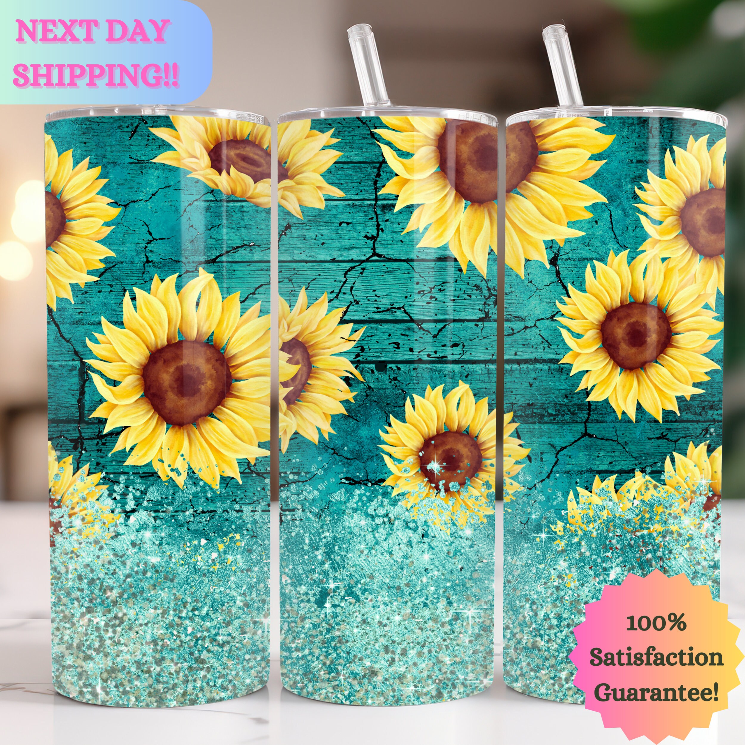 Mom Life Best Life Leopard Sunflowers Teal 20 oz insulated tumbler with lid  and straw