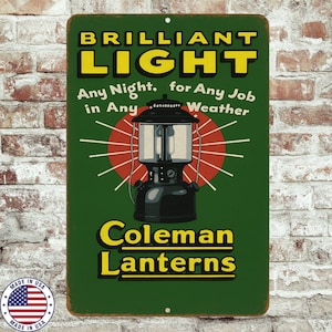 Coleman Lanterns Brilliant Light Sign – 8x12 Vintage Camping Decor, UV Resistant Sublimated Metal Wall Art for Gear Rooms & Cabins