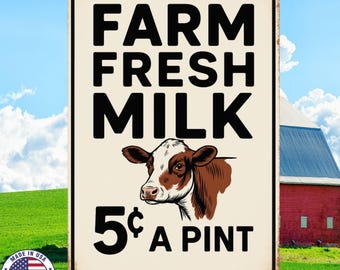 Farm Fresh Milk Sign – Vintage Cow Wall Art – 8x12 UV Resistant Aluminum – Rustic Farmhouse, Barn, Country Kitchen, Dairy Decor