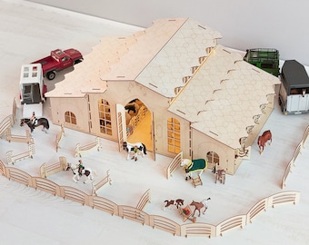 Pferdestall Für Pferde mit Aufhellung - 24 Stände - XLset 54 Zubehör Schleich Breyer Collecta Papo Pferdestall Spielzeugstall Holz