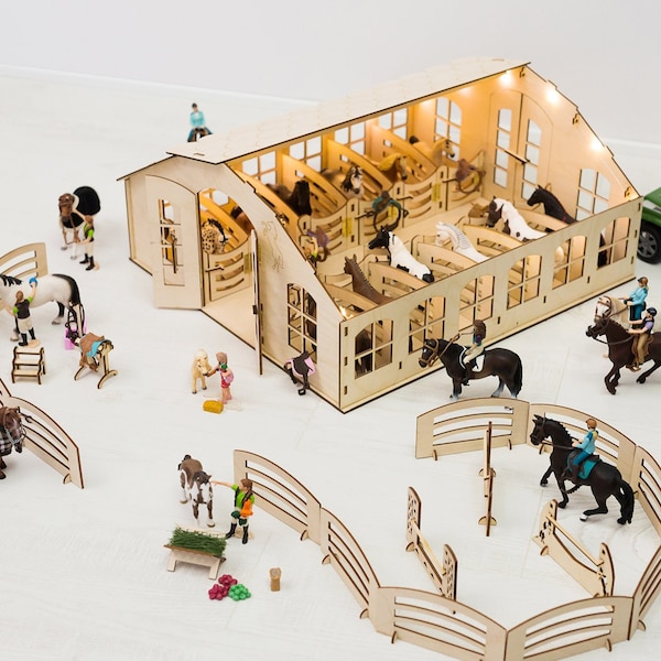 NEW MODEL Horse Stable LIGHTING 12stalls-wooden stable-for schleich collecta breyer horses-saddle-toy- pferdestall barn écurie pour chevaux
