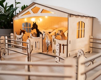 Stable for Horse-BREYER Classic-Collecta Deluxe-Artist Resin-5 stalls-LIGHTING-16 PARTS-wooden-obstacles-saddle-toy pferdestall barn