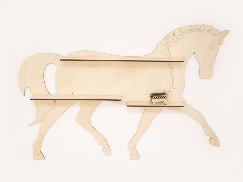 May include: Wooden horse-shaped wall shelf with two shelves. The horse is light brown and has a braided mane.
