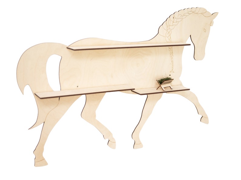 May include: A wooden horse-shaped shelf with two shelves. The horse is light brown and has a braided mane. The shelves are made of plywood and have a natural wood finish.