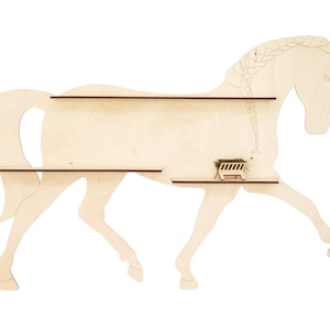 May include: A wooden horse-shaped shelf with two shelves. The horse is light brown and has a braided mane. The shelves are brown.