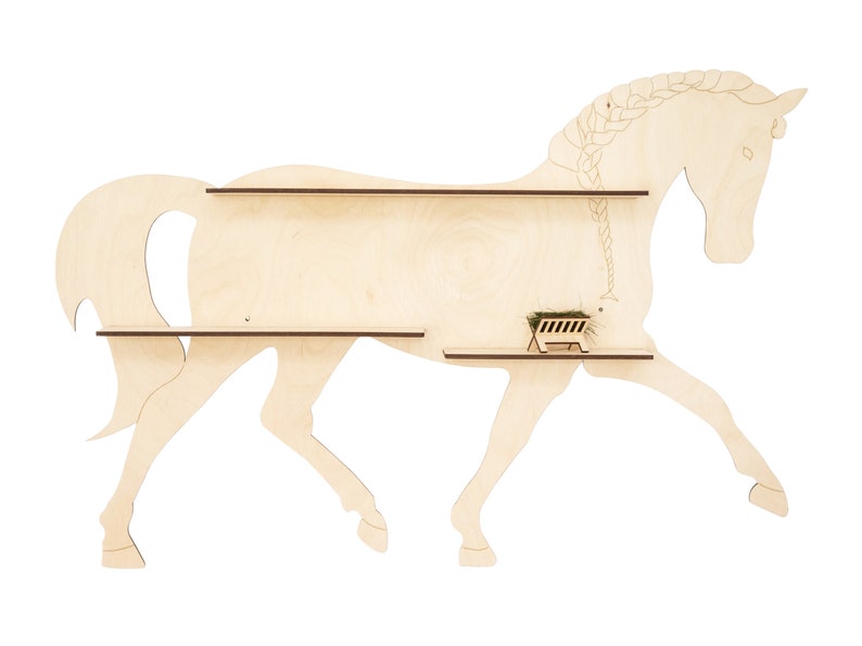 May include: A wooden horse-shaped shelf with two shelves. The horse is light brown and has a braided mane. The shelves are brown.