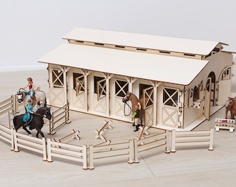 Horse Stable 24 PARTS-12 stalls-wooden stable-schleich collecta, breyer -9 fances-obstacles-saddle-toy holders pferdestall toy stable barn