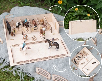 Best Horse Toys for Kids, Small Portable Barn, Wooden Toy Box with Accessories, Gift for Horse Lovers, Travel & Playroom Toys for Collectors