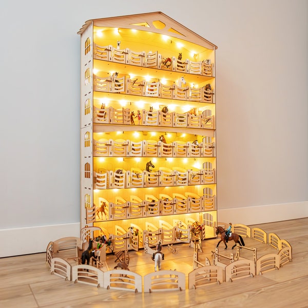 NEW largest 56 STALLS wall horse stable for Schleich,Breyer,Papo,Collecta horse:Stable+ washer+lignting+67 elements. Pferdestall holz Barn