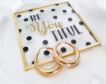 1 pair of 1.5" - 14k gold plated stainless steel chunky graduated - puffed up creole style hoop earrings