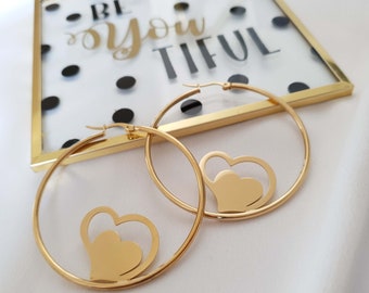 1 pair of 18k gold plated stainless steel  statement hoop earrings with double heart detail - 2.25" - big statement hoops