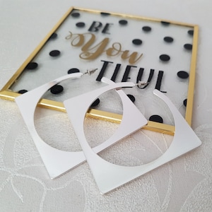 Large - over sized SILVER metal wide flat square half hoop earrings - 2.75&quot; Diameter - Big hoops - High shine