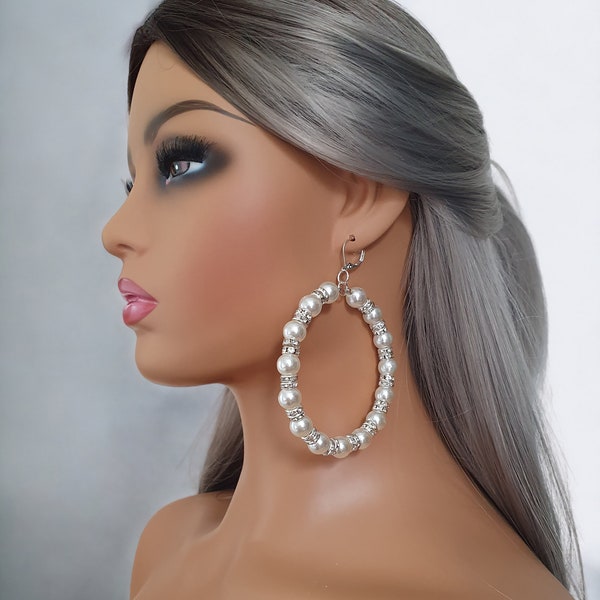 1 pair of Silver - Ivory pearl & diamante beaded drop hoop earrings - Big - oversized earrings - 4" length - Stunning earrings  Pierced ears