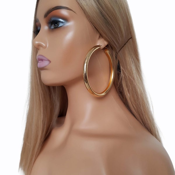 1 pair of Oversized big gold tone chunky - thick hollow tube round metal hoop earrings - Big - huge hoops - 3.5"