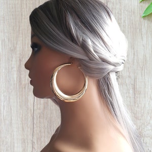 1 pair 2.75" gold tone round plain shiny puffed up style hoop earrings - big chunky thick hoops - Sold as slight 2nds please read listing
