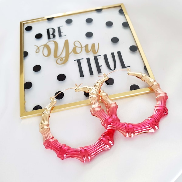 1 pair of 2.5" gold & hot pink bamboo design chunky thick - puffed up creole style statement hoop earrings - hip hop style celebrity style