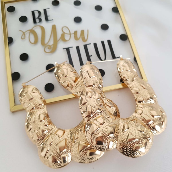 Big - huge metal puffed up creole hoop earrings Chunky thick hoops Big size - 3.4" - boho hip hop style - Gold - Rose gold or silver options