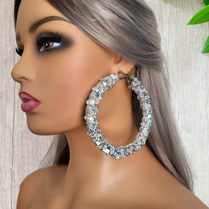 1 pair of HUGE  silver sequin sparkly coloured fabric wrapped chunky tube hoop earrings - Big statement hoops - 3.5" diameter