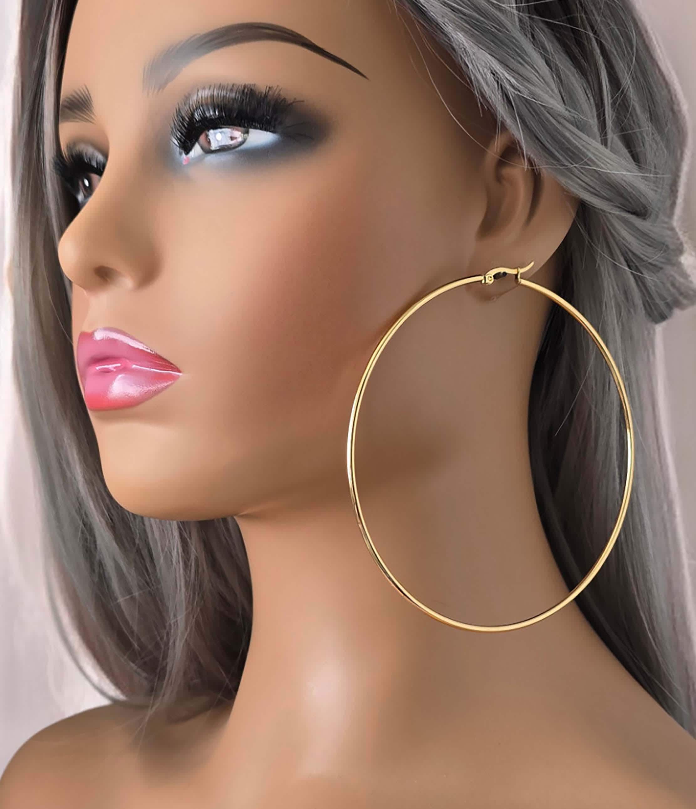 1 pair 18k gold plated stainless steel classic wire hoop earrings - 4" - 10cm Big - Large gold hoops for pierced ears, Retro - stylish hoops