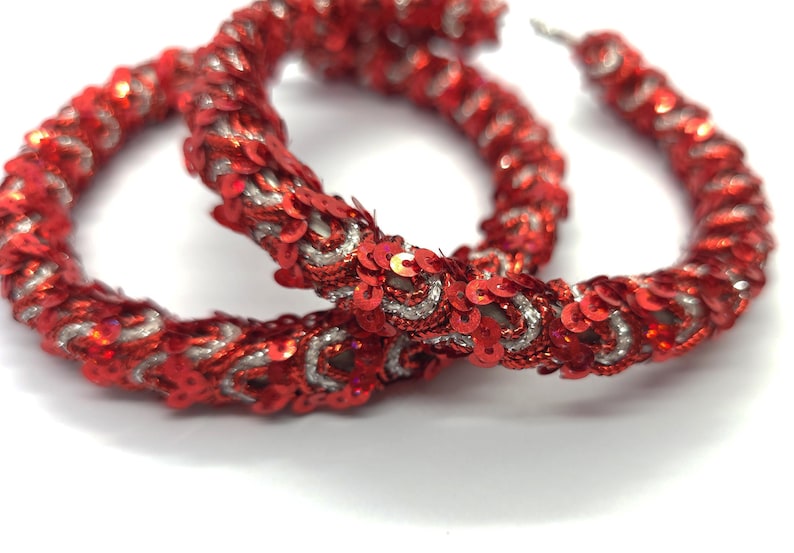 1 Pair of 4 Red & Silver Sparkly Sequin Fabric Wrapped Hoop Earrings