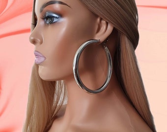 Oversized big silver tone chunky - thick hollow tube round metal hoop earrings - Big - huge hoops - 3.5" - Extra large celebrity fashions