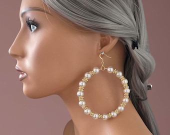 1 paio di orecchini a cerchio oversize con perle dorate a goccia - orecchini con perle finte bianche o avorio e diamanti - 3,5" - 9 cm di lunghezza